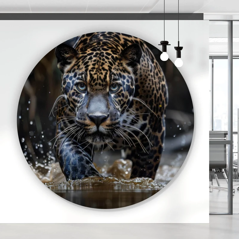 Aluminiumbild Mächtiger Jaguar im Wasser Kreis