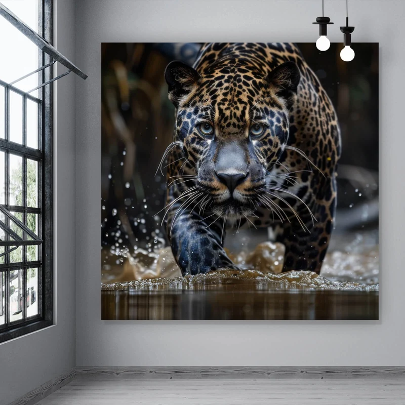 Spannrahmenbild Mächtiger Jaguar im Wasser Quadrat