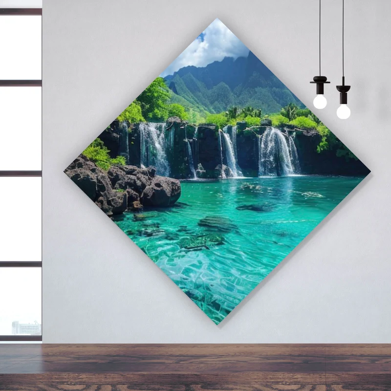Acrylglasbild Naturparadies mit Wasserfall Kulisse Raute
