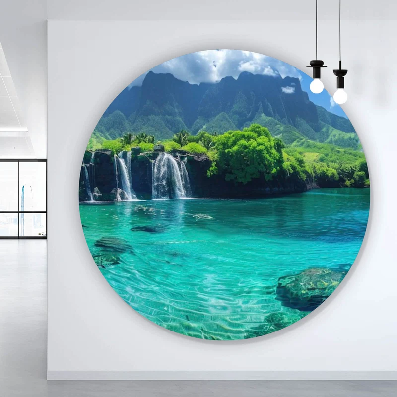 Aluminiumbild Naturparadies mit Wasserfall Kulisse Kreis
