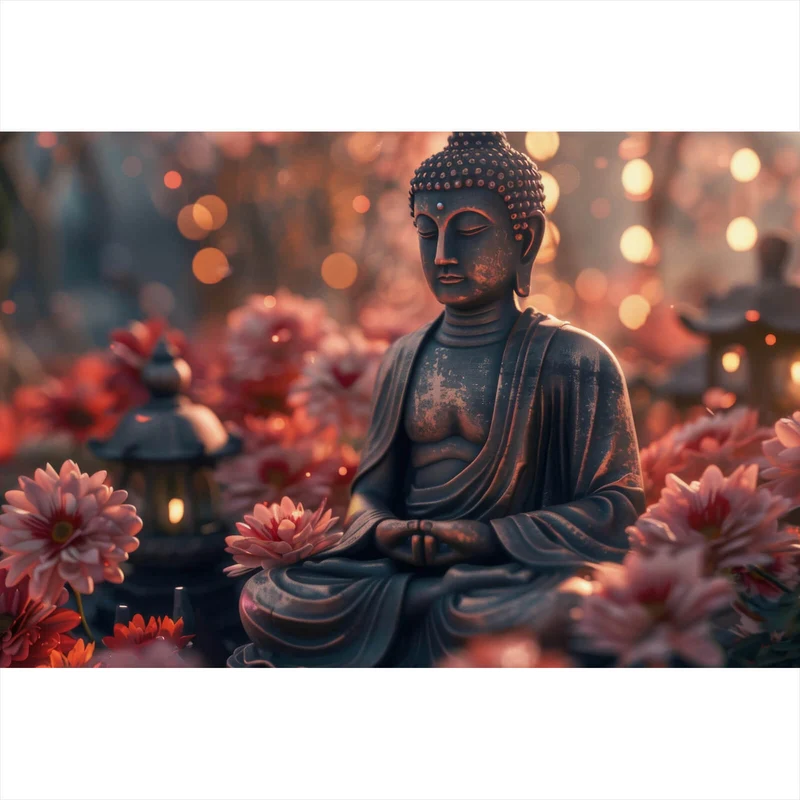Aluminiumbild Buddha Statue mit Blumenarrangement Querformat