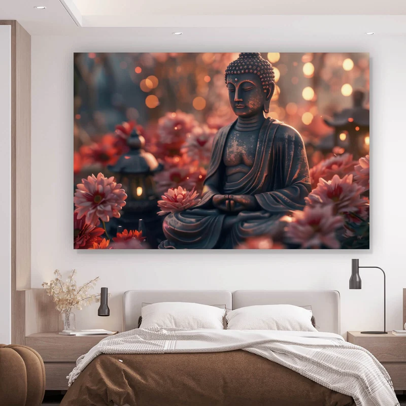 Poster Buddha Statue mit Blumenarrangement Querformat