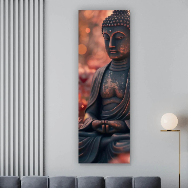 Aluminiumbild gebürstet Buddha Statue mit Blumenarrangement Panorama Hoch