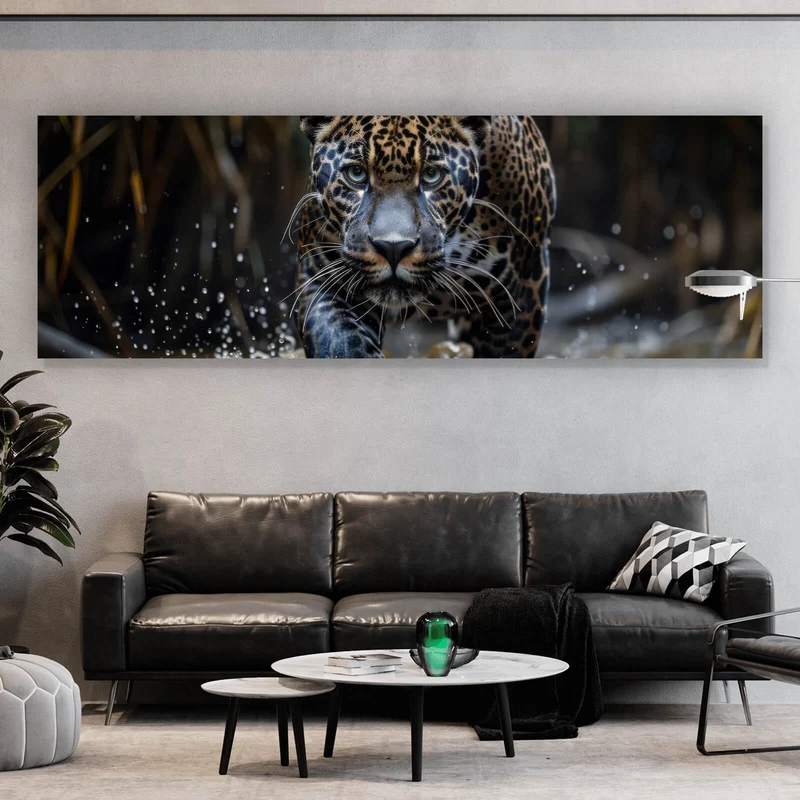 Aluminiumbild gebürstet Mächtiger Jaguar im Wasser Panorama