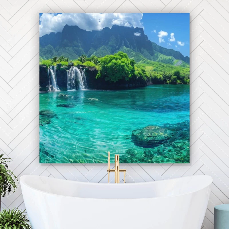 Aluminiumbild Naturparadies mit Wasserfall Kulisse Quadrat
