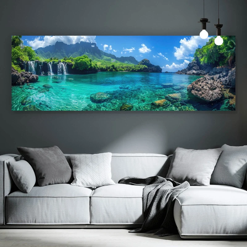 Acrylglasbild Naturparadies mit Wasserfall Kulisse Panorama
