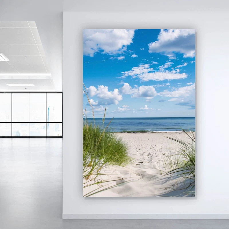 Acrylglasbild Strand mit beruhigendem Meerblick Hochformat