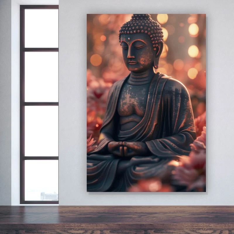 Acrylglasbild Buddha Statue mit Blumenarrangement Hochformat