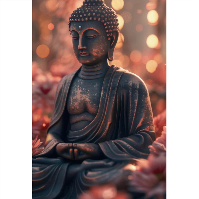 Aluminiumbild gebürstet Buddha Statue mit Blumenarrangement Hochformat