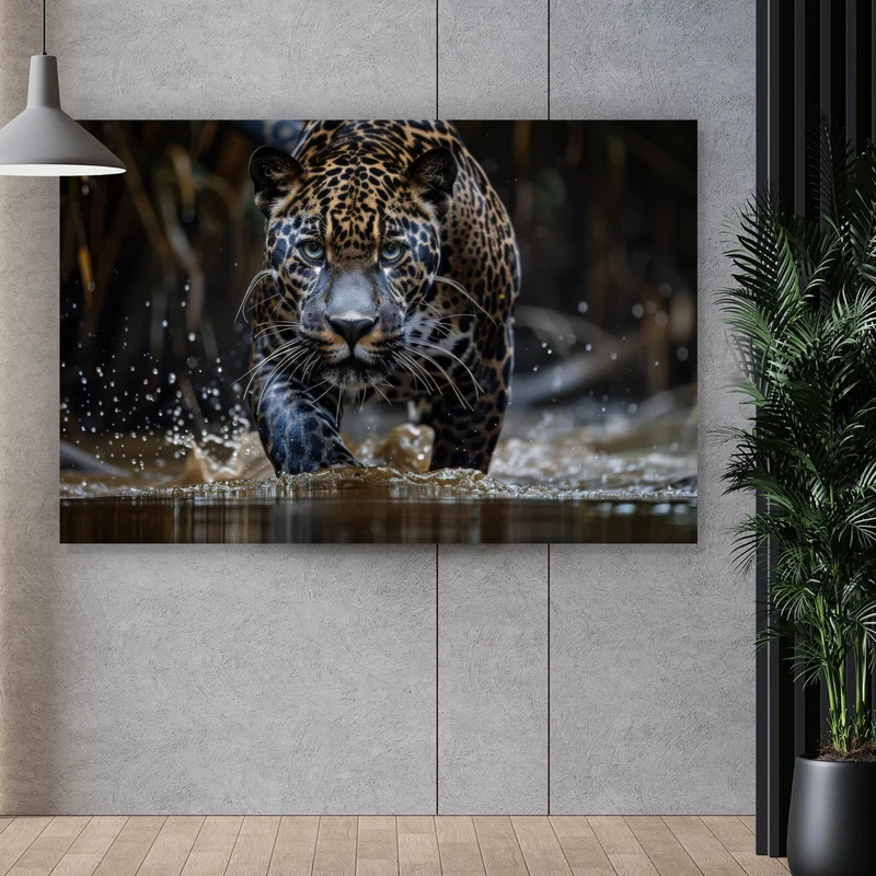Poster Mächtiger Jaguar im Wasser Querformat