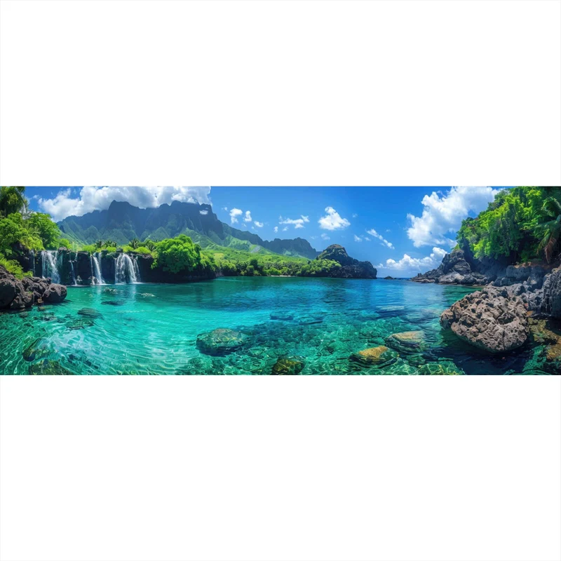Poster Naturparadies mit Wasserfall Kulisse Panorama