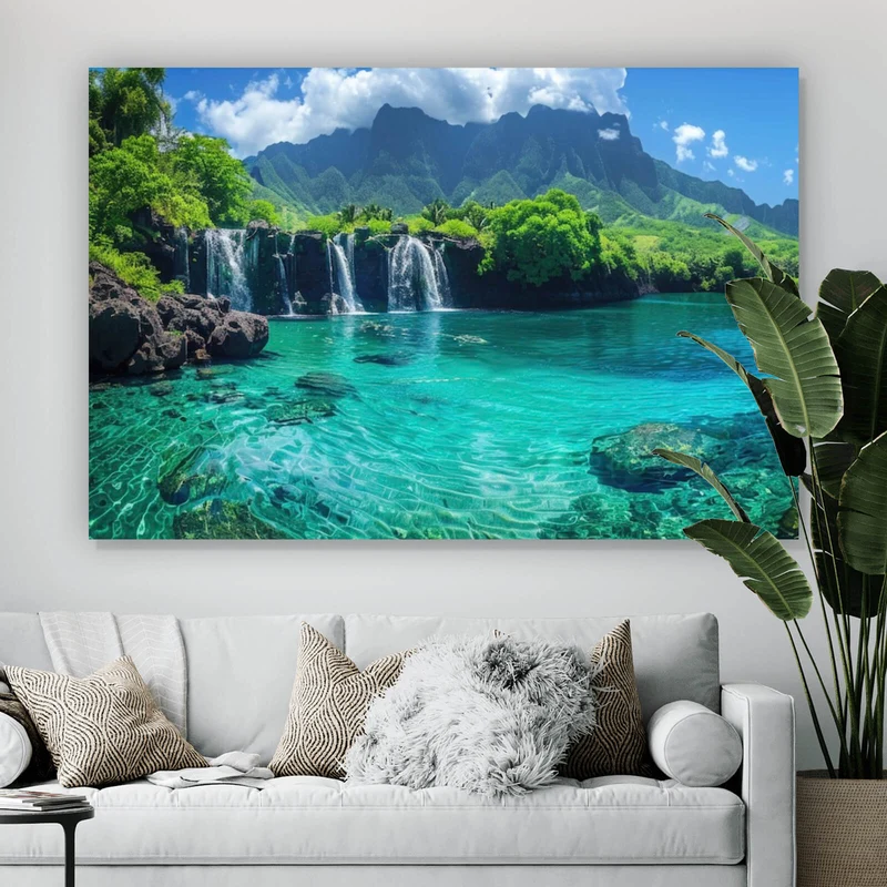 Acrylglasbild Naturparadies mit Wasserfall Kulisse Querformat
