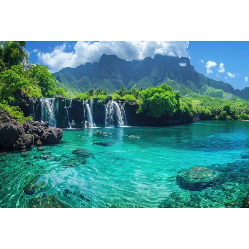 Poster Naturparadies mit Wasserfall Kulisse Querformat