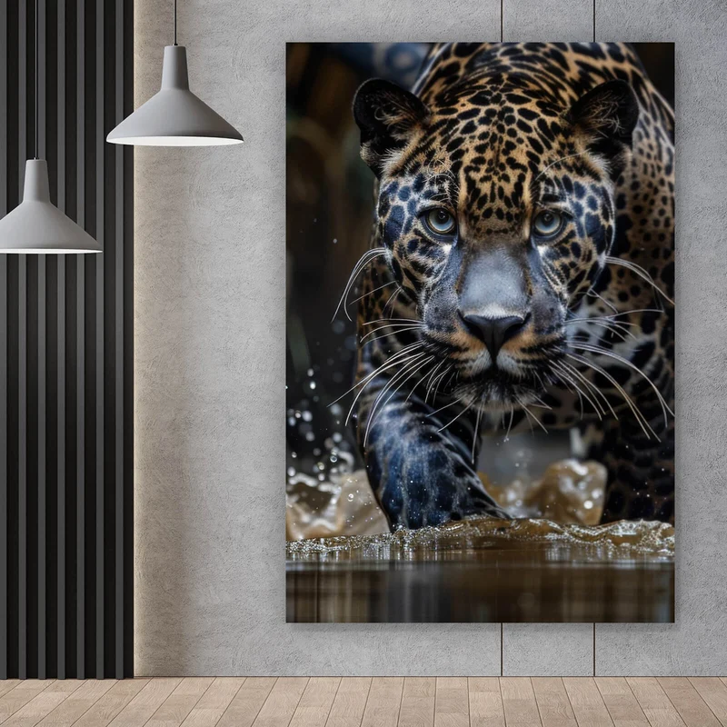 Poster Mächtiger Jaguar im Wasser Hochformat