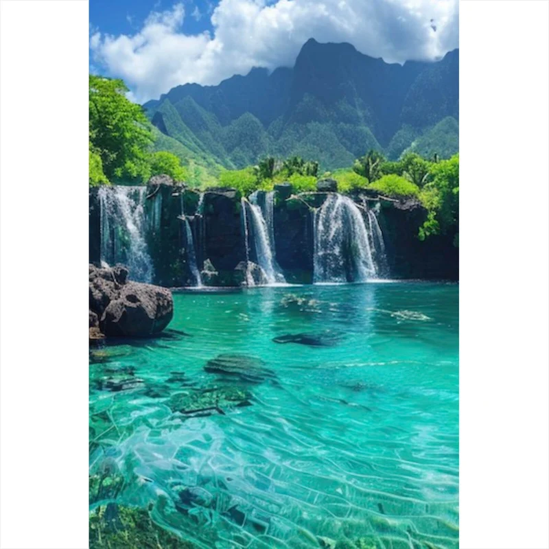 Acrylglasbild Naturparadies mit Wasserfall Kulisse Hochformat