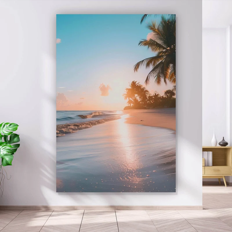 Poster Atemberaubende Strandlandschaft mit Palmen und Wellen Hochformat