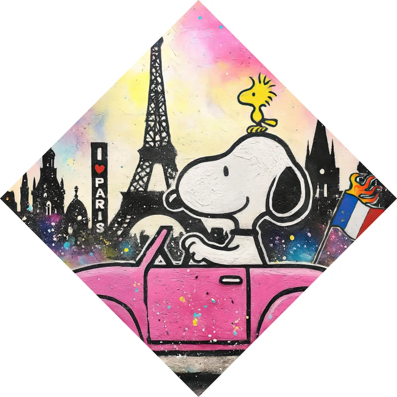 Aluminiumbild Comic Hund vor Pariser Skyline Pop Art Raute