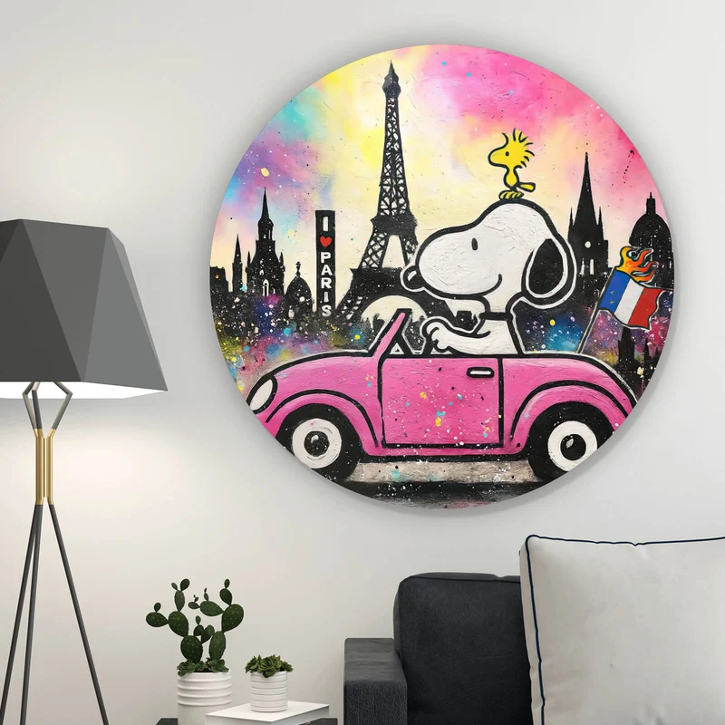 Aluminiumbild gebürstet Comic Hund vor Pariser Skyline Pop Art Kreis