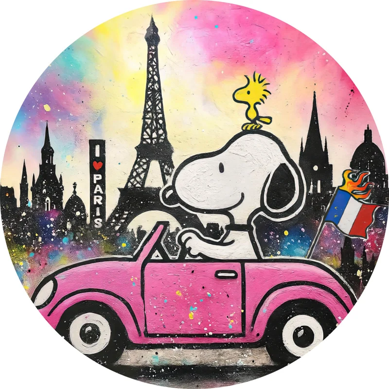 Aluminiumbild Comic Hund vor Pariser Skyline Pop Art Kreis