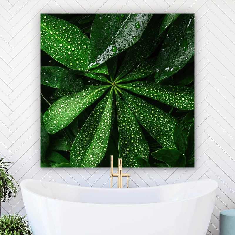 Poster Tropische Blätter mit Wassertropfen Quadrat