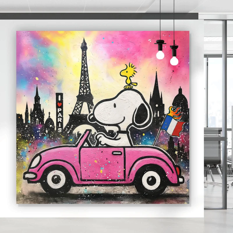 Poster Comic Hund vor Pariser Skyline Pop Art Quadrat