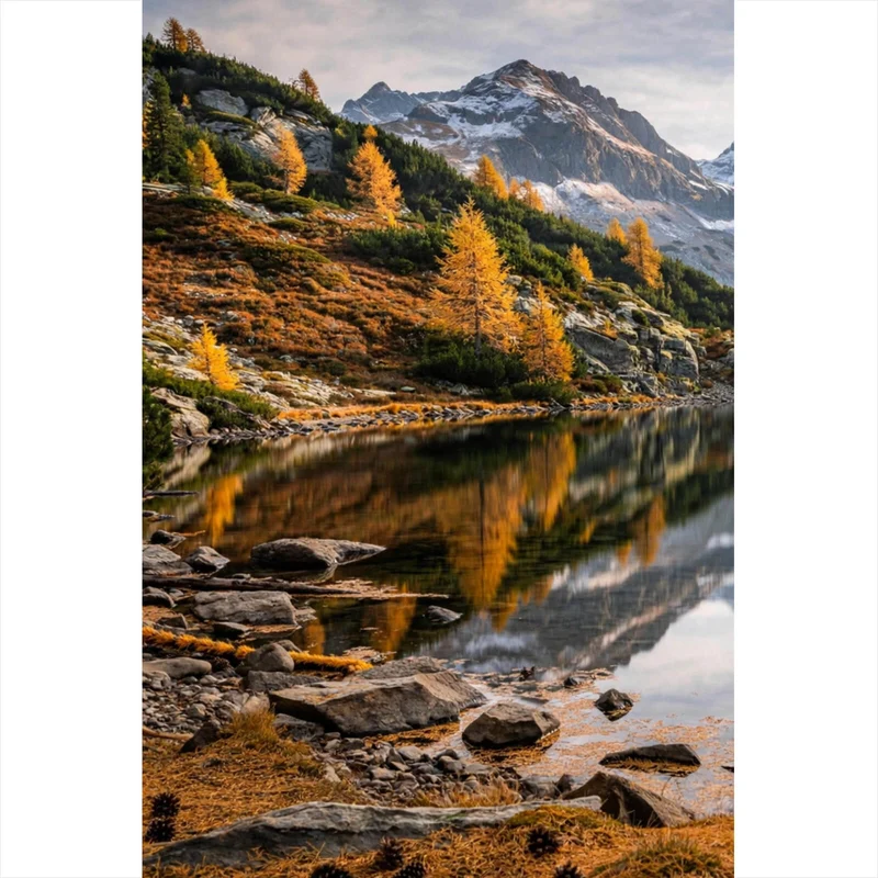 Aluminiumbild gebürstet Atemberaubende Landschaft mit Bergen und See Hochformat