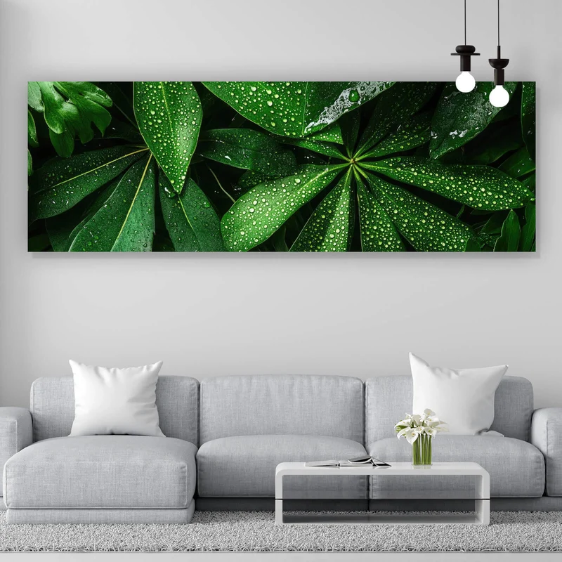 Poster Tropische Blätter mit Wassertropfen Panorama