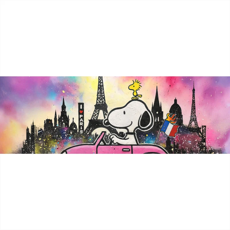 Acrylglasbild Comic Hund vor Pariser Skyline Pop Art Panorama