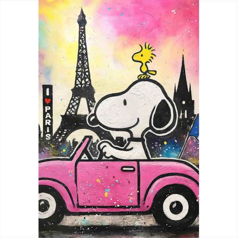 Spannrahmenbild Comic Hund vor Pariser Skyline Pop Art Hochformat