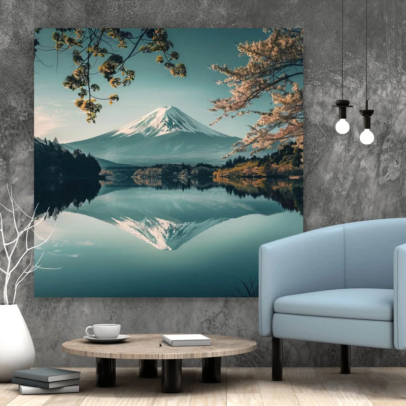 Leinwandbild Berglandschaft mit ruhigem See Quadrat