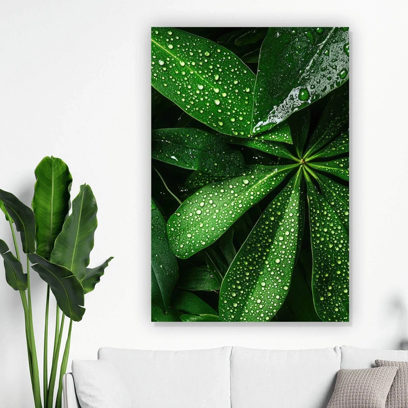 Leinwandbild Tropische Blätter mit Wassertropfen Hochformat