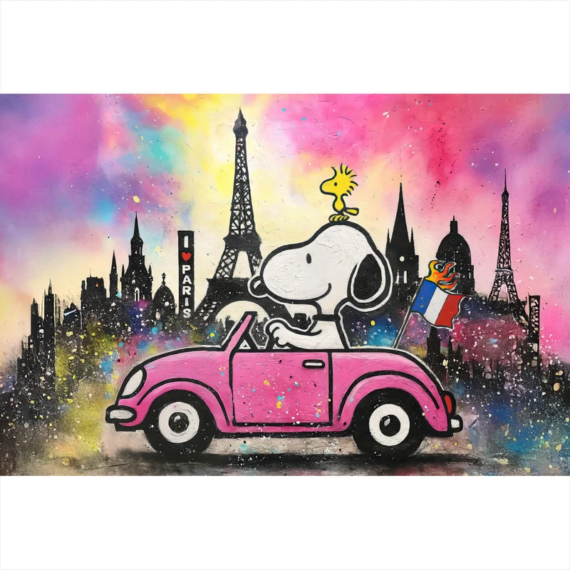 Spannrahmenbild Comic Hund vor Pariser Skyline Pop Art Querformat