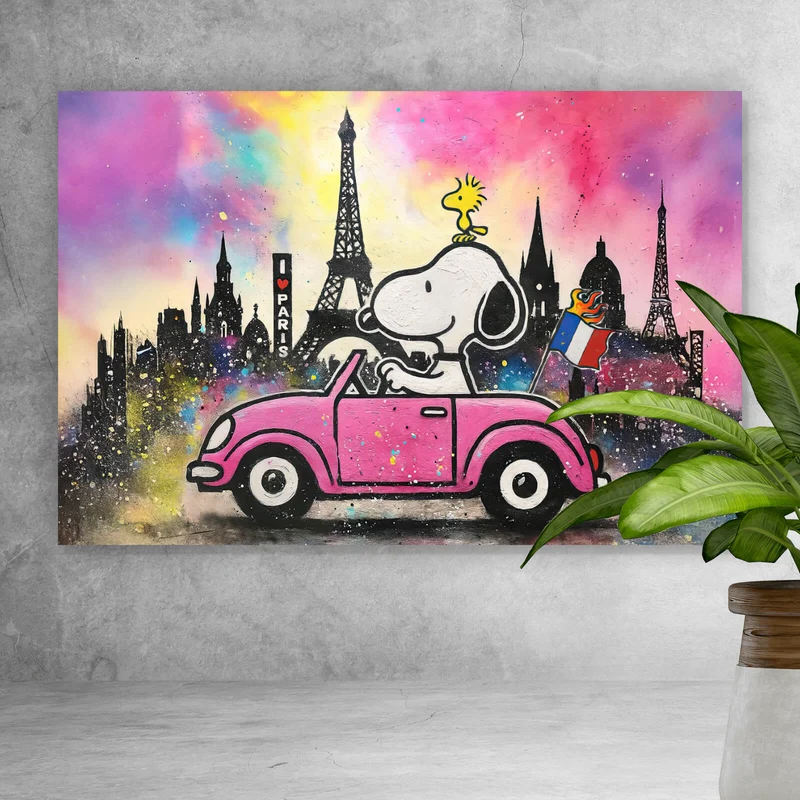 Acrylglasbild Comic Hund vor Pariser Skyline Pop Art Querformat