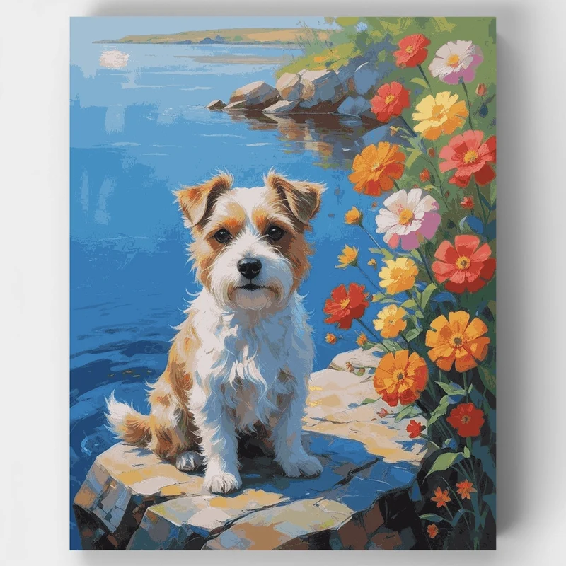 Terrier Dog by the Waterside with Flowers - Paint by Numbers Kit