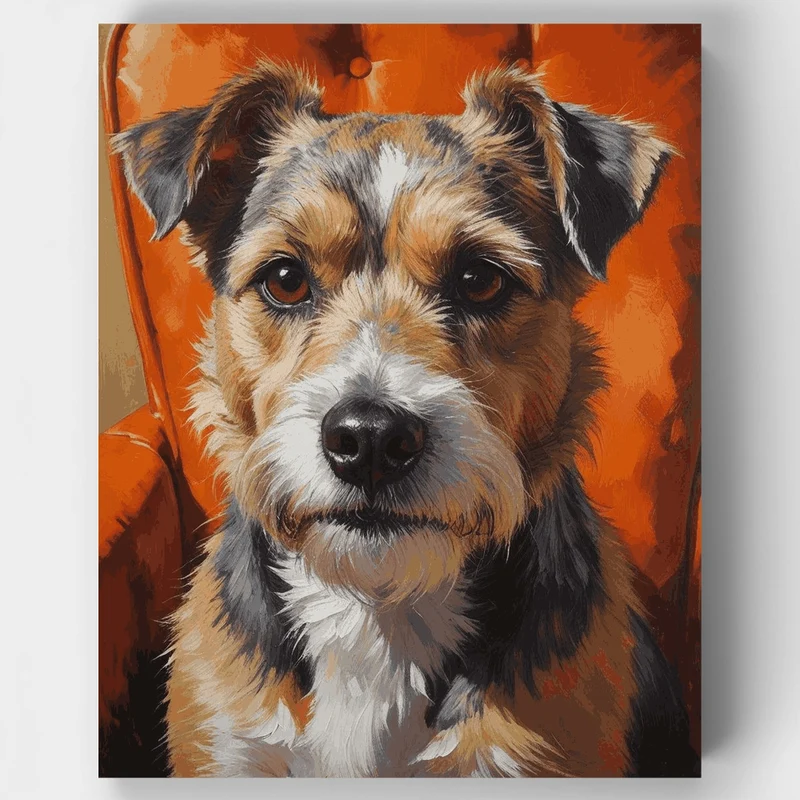 Terrier Dog Portrait on Orange Chair - Paint by Numbers Kit