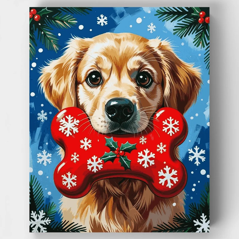 Golden Retriever with Christmas Bone - Paint by Numbers Kit