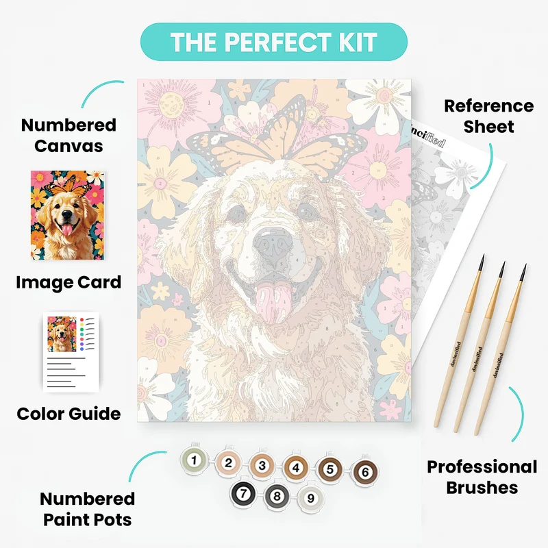 Golden Retriever with Butterfly and Flowers - Paint by Numbers Kit