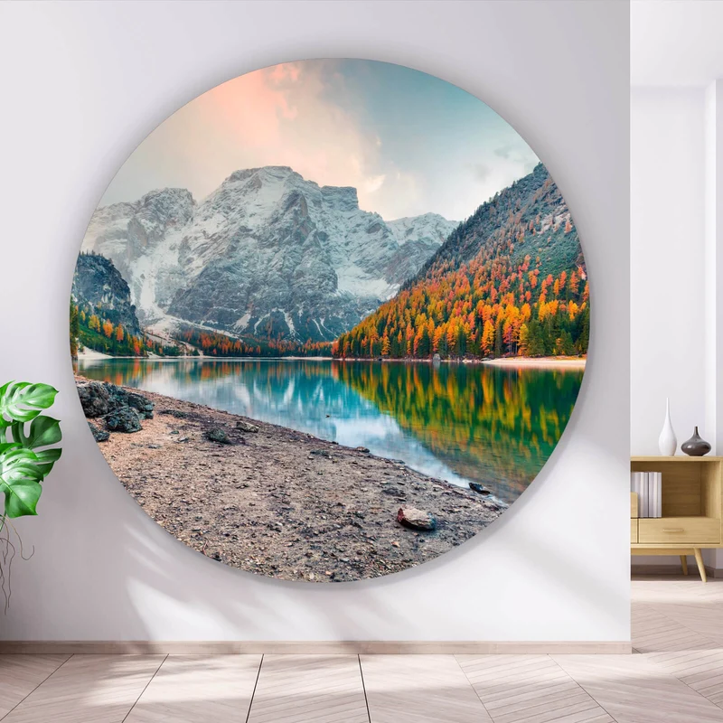 Aluminiumbild gebürstet Berglandschaft mit Spiegelung im See Kreis