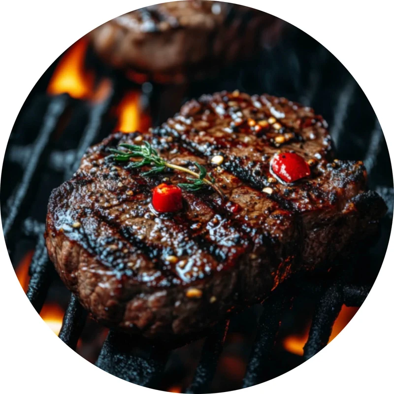 Aluminiumbild gebürstet Saftiges Steak Grill Genuss Kreis