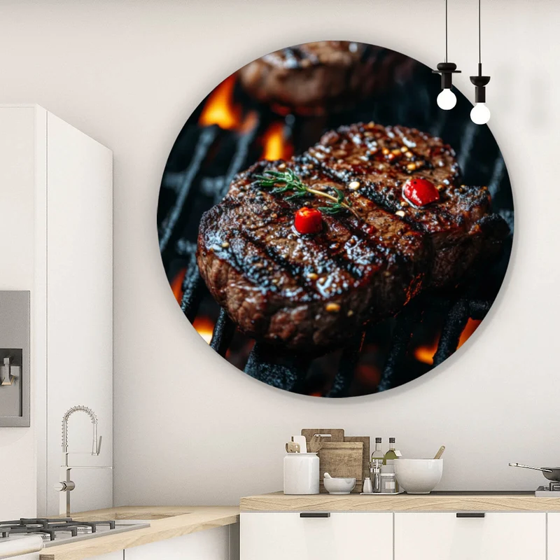 Aluminiumbild Saftiges Steak Grill Genuss Kreis