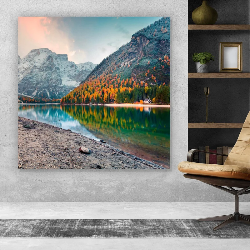 Poster Berglandschaft mit Spiegelung im See Quadrat