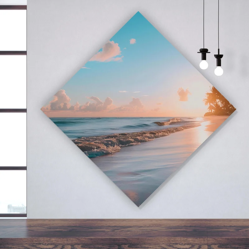 Poster Atemberaubende Strandlandschaft mit Palmen und Wellen Raute