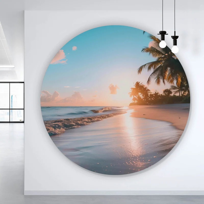 Aluminiumbild gebürstet Atemberaubende Strandlandschaft mit Palmen und Wellen Kreis