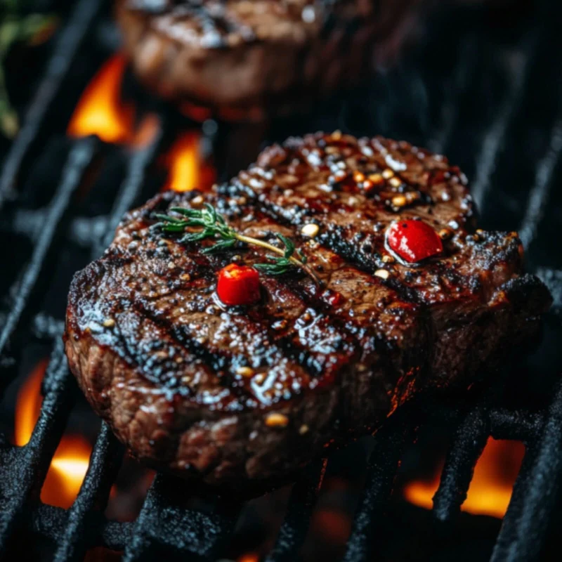 Aluminiumbild gebürstet Saftiges Steak Grill Genuss Quadrat