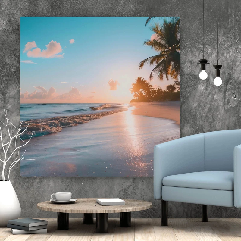 Poster Atemberaubende Strandlandschaft mit Palmen und Wellen Quadrat