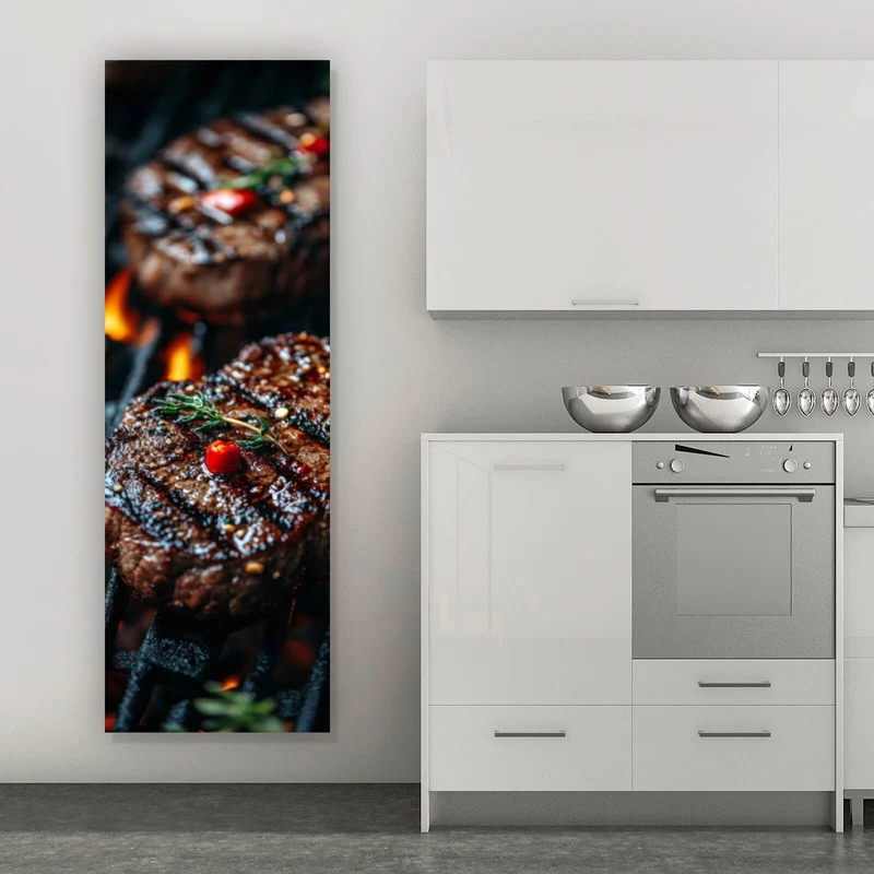 Aluminiumbild gebürstet Saftiges Steak Grill Genuss Panorama Hoch
