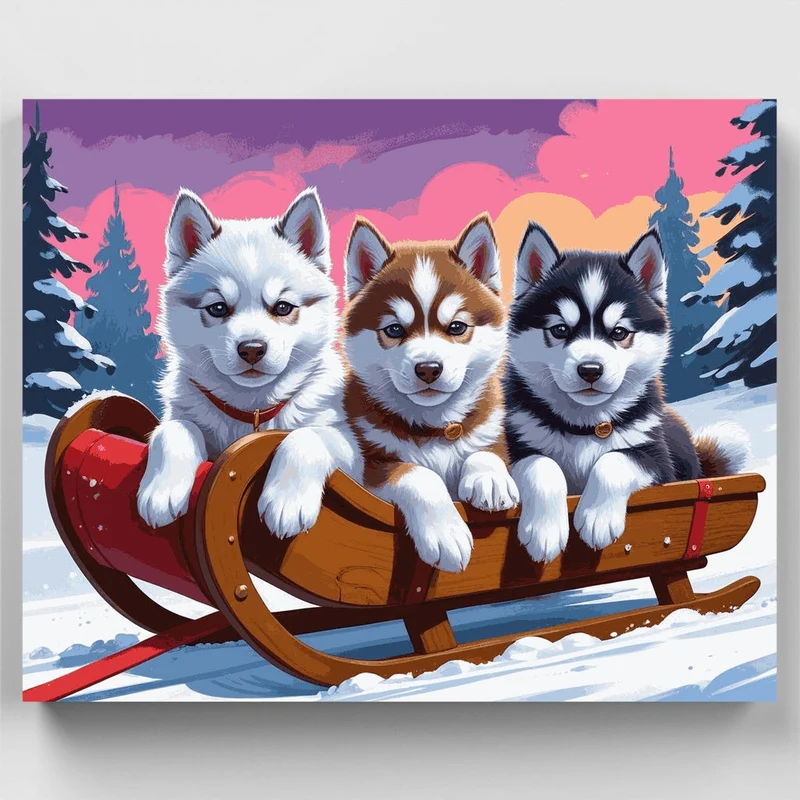 Husky Puppies on a Winter Sled - Paint by Numbers Kit