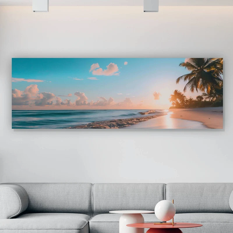 Aluminiumbild Atemberaubende Strandlandschaft mit Palmen und Wellen Panorama