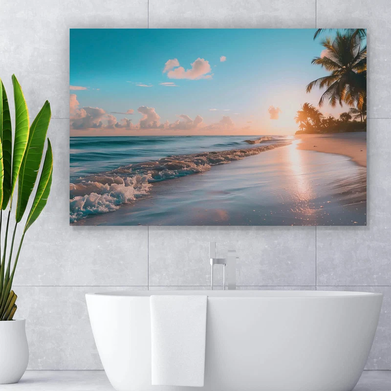 Leinwandbild Atemberaubende Strandlandschaft mit Palmen und Wellen Querformat