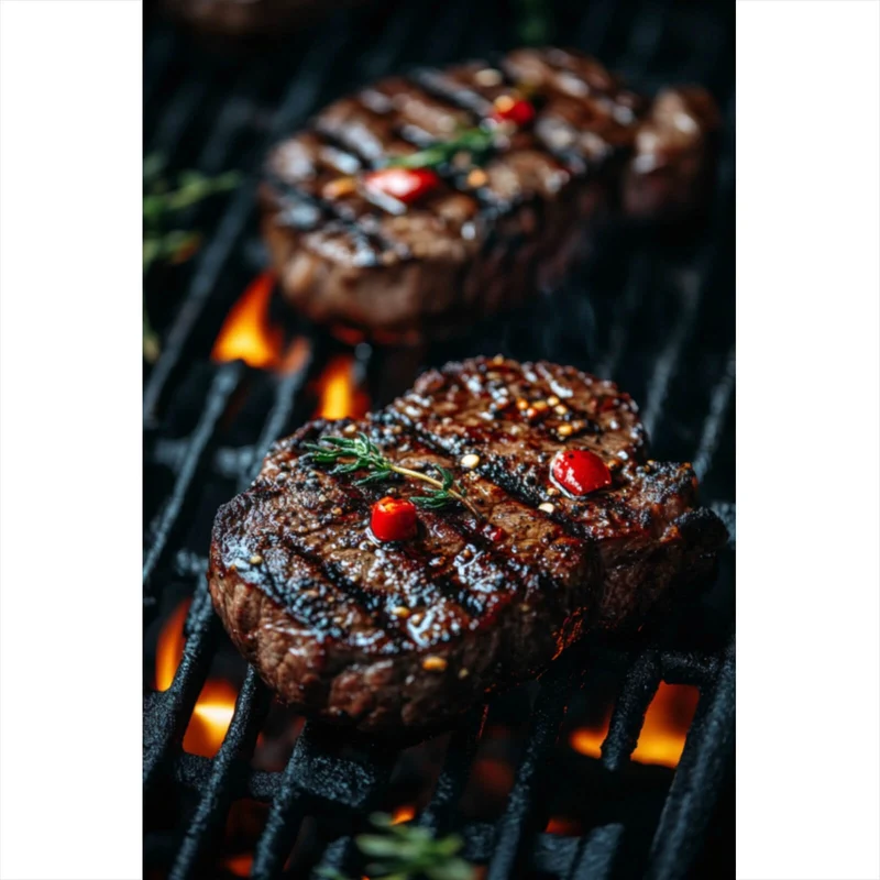 Aluminiumbild Saftiges Steak Grill Genuss Hochformat